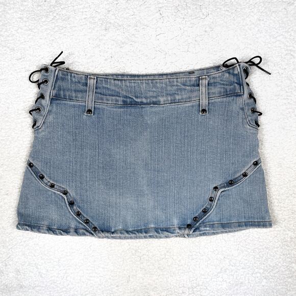 Vintage Lip Service Denim Lace Up Mini Jean Skirt Light Wash Blue Y2K Western - Picture 5 of 16